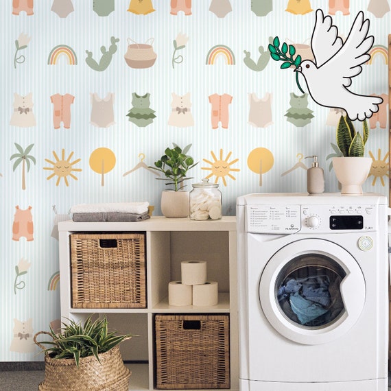Laundry Room Ideas Blue Striped Wallpaper, Accent Wall decor, Bathroom Decor Renters wallpaper