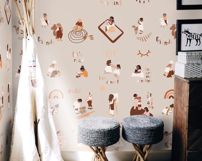 Light Baby Activities Wallpaper, Nursery Kids Wallpaper with Playful Illustrations, Soft Pastel Wall Decor