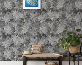 Black and White Ivy Leaves Wallpaper, Hedge Wallpaper with Gold Keys & Light Hedges Wall Mural for Elegant Home Décor