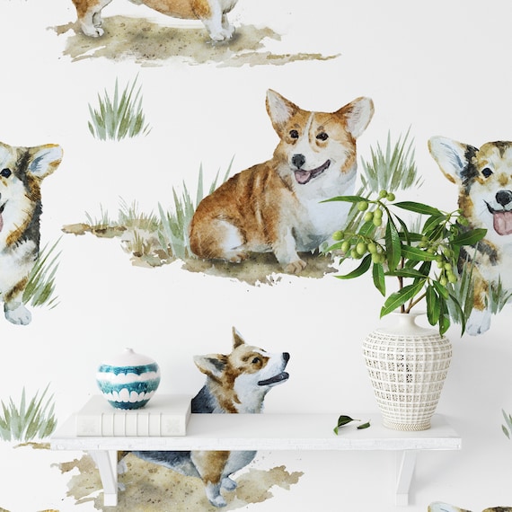 Cute Corgi Dog Wallpaper, Watercolor Corgis Nursery Decor