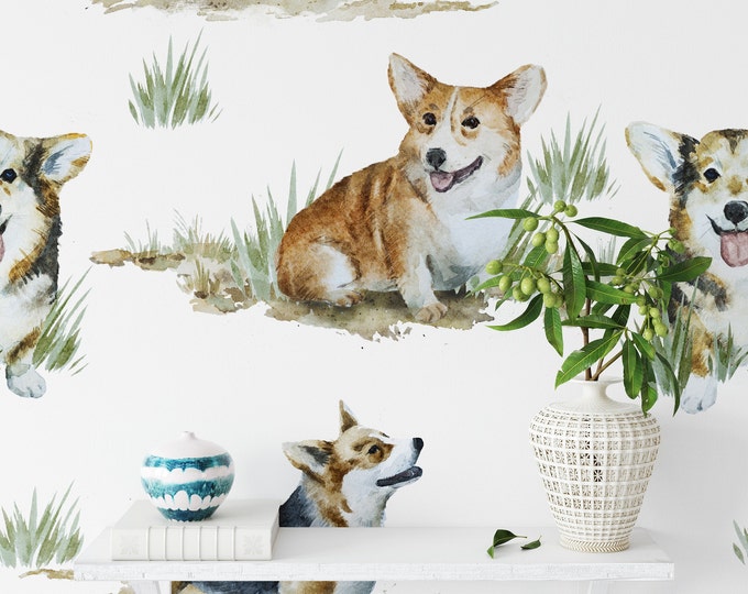 Cute Corgi Dog Wallpaper, Watercolor Corgis Nursery Decor