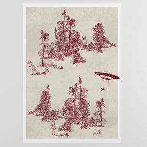 Può includere: Un'illustrazione rossa e bianca raffigura una scena di campeggio con alberi, una tenda e un razzo. Un UFO rapisce una persona. Un alieno è in piedi vicino agli alberi. L'opera d'arte ha uno stile vintage e retrò.