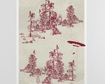 Alien Toile Poster, UFO Wall Art, Surreal Vintage Landscape Print, Sci Fi Illustration, Unique Eclectic Decor