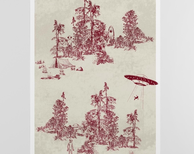 Alien Toile Poster, UFO Wall Art, Surreal Vintage Landscape Print, Sci Fi Illustration, Unique Eclectic Decor