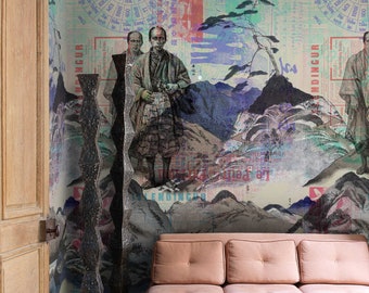 Vintage Japanese Tradition: Samurai Lore & Majestic Fuji Eco-Friendly Wallpaper, Zen Aesthetic Wall Art, Japanese Elegance Wall Cover