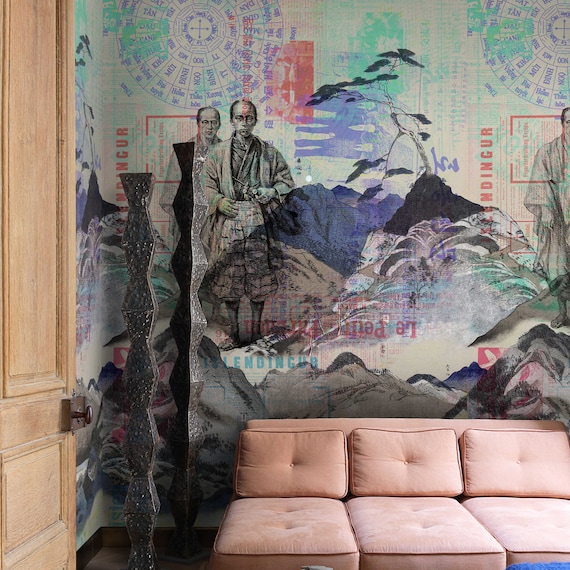 Vintage Japanese Tradition: Samurai Lore & Majestic Fuji Eco-Friendly Wallpaper, Zen Aesthetic Wall Art, Japanese Elegance Wall Cover