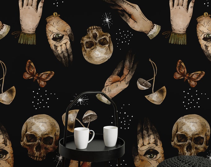 Gothic Wallpaper with Skull and Hands, Fantasy Wall Decor for Dark Victorian Macabre Art