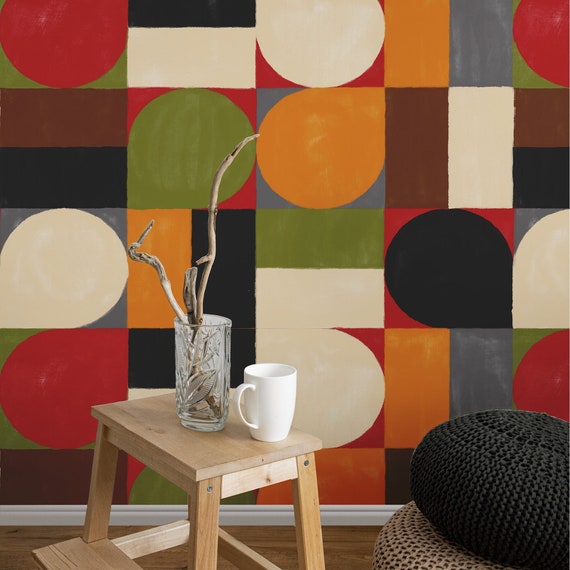 Mid-Century Modern Geometric Wallpaper, Retro Geometric Wallpaper for Bold Color Decor, Abstract Wall Art 1960s, MCM wallpaper