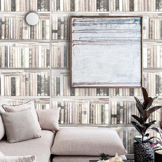 Vintage Bookshelf Wallpaper in Shades of White, Old Book Collection Wallpaper in Monochrome, White-Toned Library Wallpaper with Antique Book