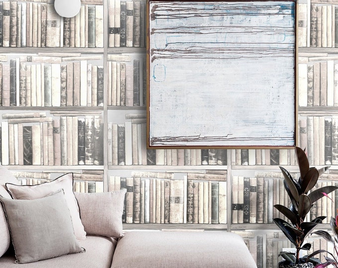 Vintage Books Wallpaper on White Bookcase, Bookshelf Wallpaper for Home Office and Living Room Decor