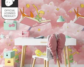 Official Little Prince Reading Books Wallpaper - Pink Clouds Literary Pattern for Kids Room & Library Decor