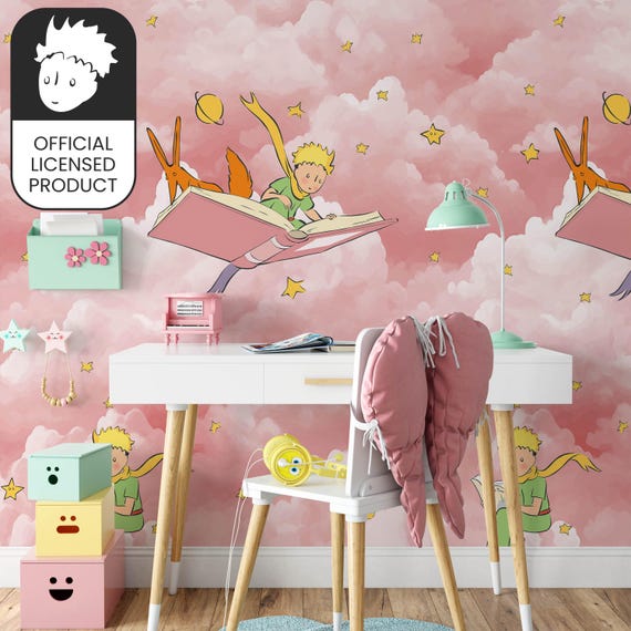 Official Little Prince Reading Books Wallpaper - Pink Clouds Literary Pattern for Kids Room & Library Decor