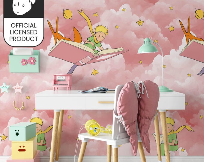 Official Little Prince Reading Books Wallpaper - Pink Clouds Literary Pattern for Kids Room & Library Decor