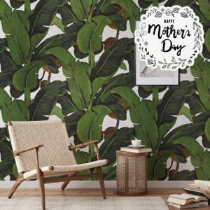 Banana Leaf Tropical Rainforest Wallpaper, Green Leaves Print Palm Tree Jungle Print Boho Decor