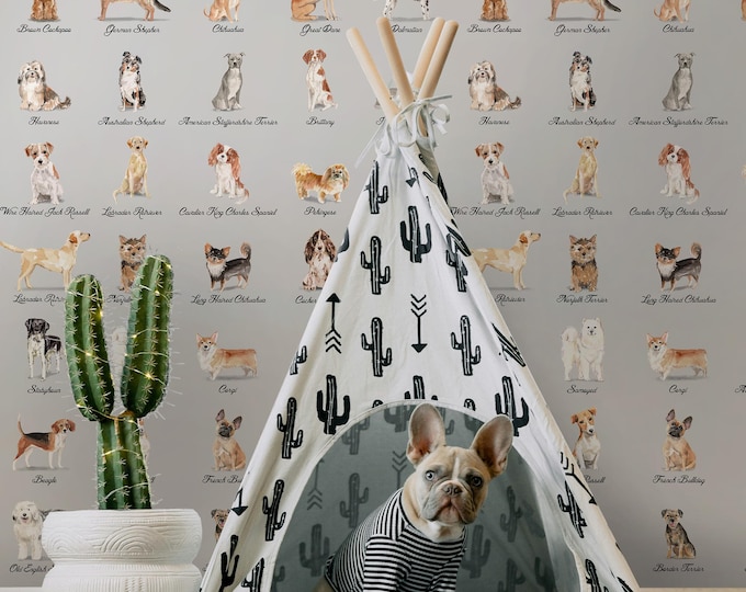 Watercolor Dog Wallpaper with Cute Dog Breeds, Animal Wallpaper for Kids Room & Pet Lover Home Decor