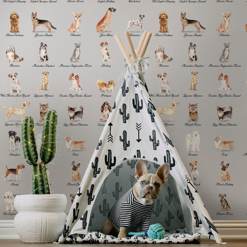Papel pintado de acuarela con perros de razas adorables, papel pintado de animales para habitación infantil y decoración del hogar para amantes de las mascotas. imagen 1