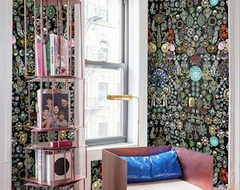 Vintage Collage Jewels Wallpaper, Diamonds Pattern Retro Vintage Jewels Wall Mural, Gemstone Wall Art