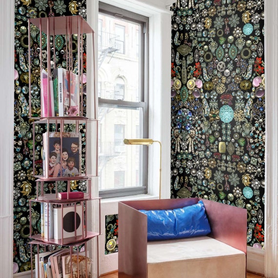 Vintage Collage Jewels Wallpaper, Diamonds Pattern Retro Vintage Jewels Wall Mural, Gemstone Wall Art