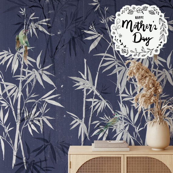 Dark Bamboo Forest Chinoiserie Wallpaper, Asian Decor with Parrots, Japanese wall art, Japandi Oriental Wall Decor