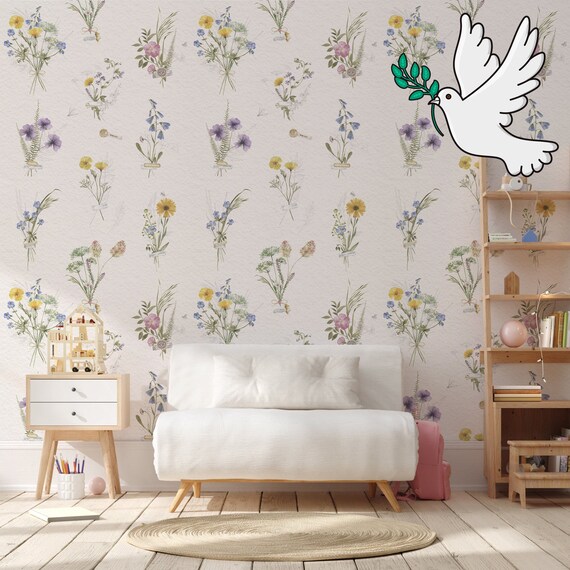 Wild flowers Wallpaper for Kids room, Hand Painted Spring Field Flower Watercolor floral Delicate Boho Nursery