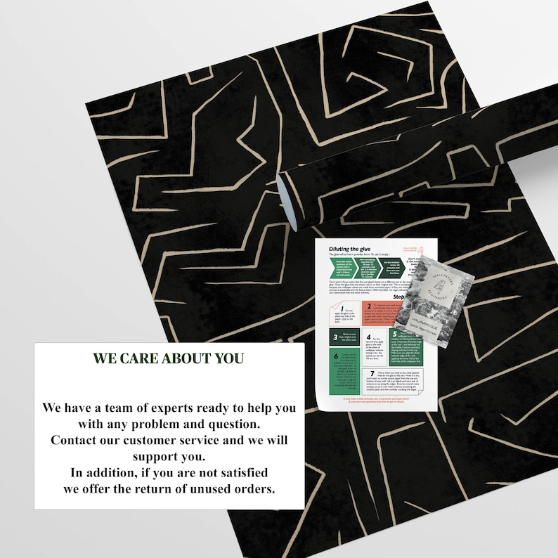 May include: Black and white abstract pattern wrapping paper with a white and green instruction sheet for diluting glue and a small seed packet. The text on the wrapping paper reads "We care about you. We have a team of experts ready to help you with any problem and question. Contact our customer service and we will support you. In addition, if you are not satisfied we offer the return of unused orders."