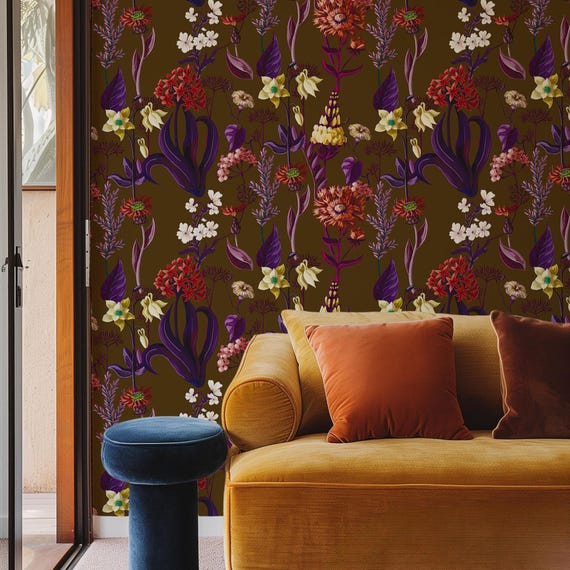 Retro 70s Floral Wallpaper - Brown Flowers Wall Decor, Vintage Seventies Aesthetic Wall Art for Home & Office