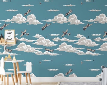 Vintage Airplanes Nursery Wallpaper, Airplane Flying Playroom Wall Decor, Kids Mural with clouds, Boy Room Wall Art