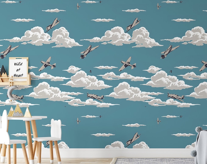 Vintage Airplanes Nursery Wallpaper, Airplane Flying Playroom Wall Decor, Kids Mural with clouds, Boy Room Wall Art
