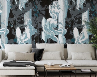 Extra Large Greek Sculpture Wallpaper, Aestheticism Column Statues Wall Decor, Classic Roman Statue Art for Home