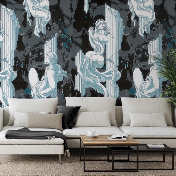 Extra Large Greek Sculpture Wallpaper, Aestheticism Column Statues Wall Decor, Classic Roman Statue Art for Home