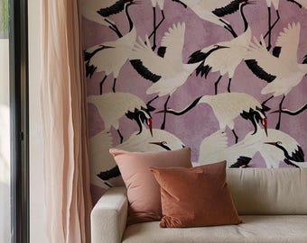 Lilac Pastel Chinoiserie Wall Art with Purple Herons – Elegant Floral Asian-Inspired Wallpaper for Nursery or Living Room Decor