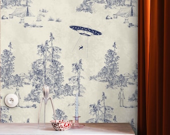 Alien Abduction Toile de Jouy Wallpaper in Blue, Sci-Fi Vintage Wallpaper with UFO Scenes for Living Room