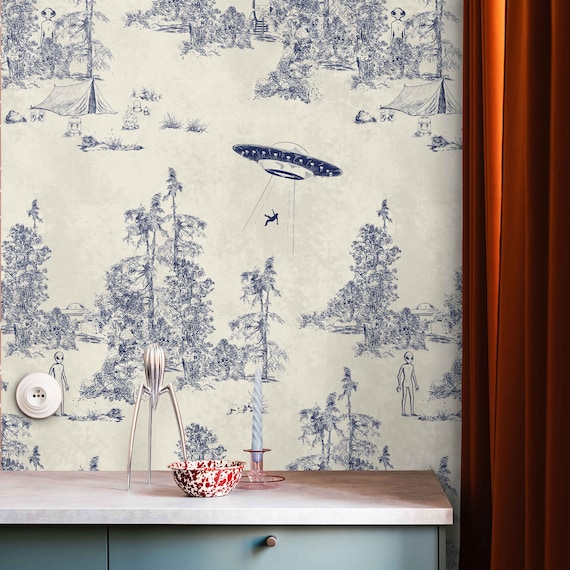 Alien Abduction Toile de Jouy Wallpaper, UFO & Sci-Fi Scenes Wall Decor in Classic Blue and White Design, Eco-Friendly
