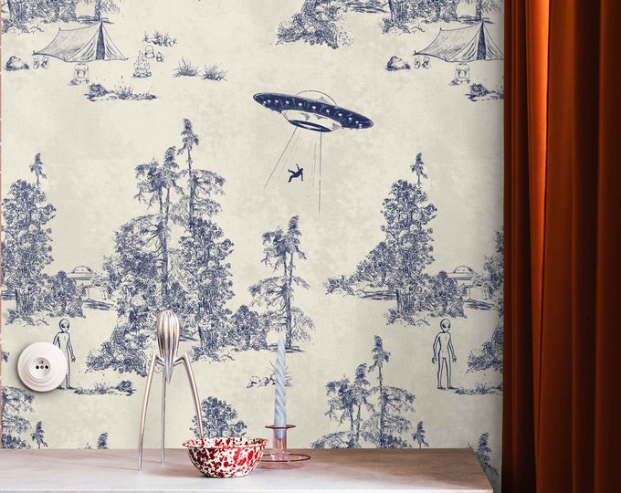 Alien Abduction Toile de Jouy Wallpaper in Blue, Sci-Fi Vintage Wallpaper with UFO Scenes for Living Room