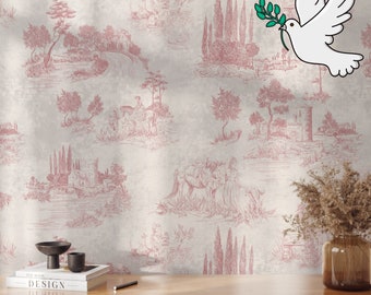 Papel pintado Toile vintage francés: elegante paisaje monocromático en rosa - Decoración clásica, papel pintado vintage con paisaje monocromo.