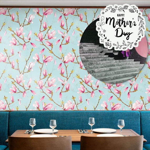 Magnolia flowers wallpaper, Spring Wallpaper, bloom wall art, cherry blossom pink floral mural