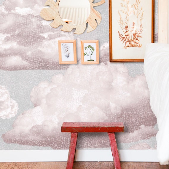 Dreamy Pink Clouds on Soft Grey Wallpaper - Perfect for a Little Girl's Room, Pink an Grey Nursery Aesthetic, Blush Pink Wall Decor