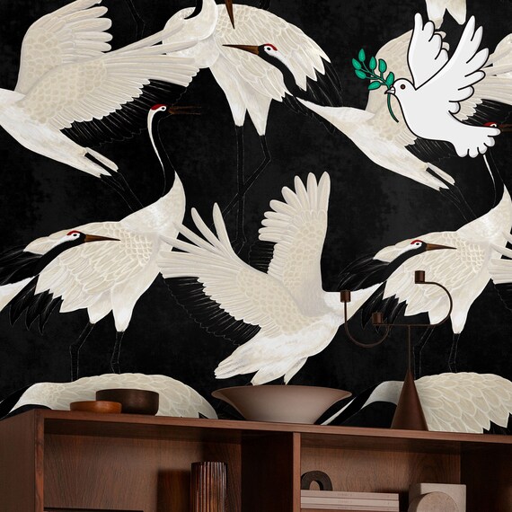 Black Herons Wallpaper, Chinoiserie Print Birds Wall Art, Vintage Crane Removable Wall Decor