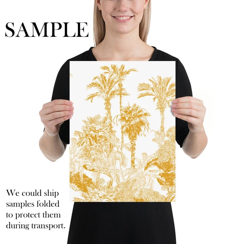 May include: A digital print featuring a gold silhouette of palm trees and tropical foliage on a white background. The print is perfect for adding a touch of tropical flair to any room.