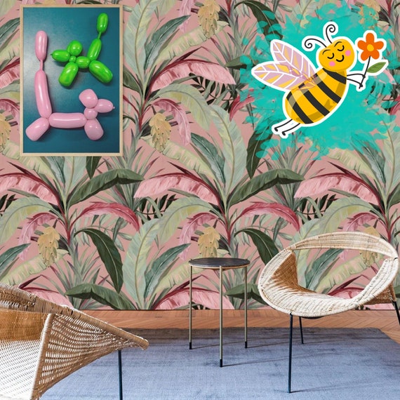 Banana Leaves Jungle Wallpaper, Tropical Rainforest Print Soft Pink Wall Decor, Banana Leaf Print Boho Chic Decor