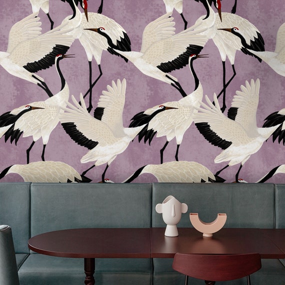 Japanese White Heron Wallpaper - Graceful Serenity on a Lilac Background, Lilac Pastel Chinoiserie Wall Art, Cute Purple Herons Wallpaper