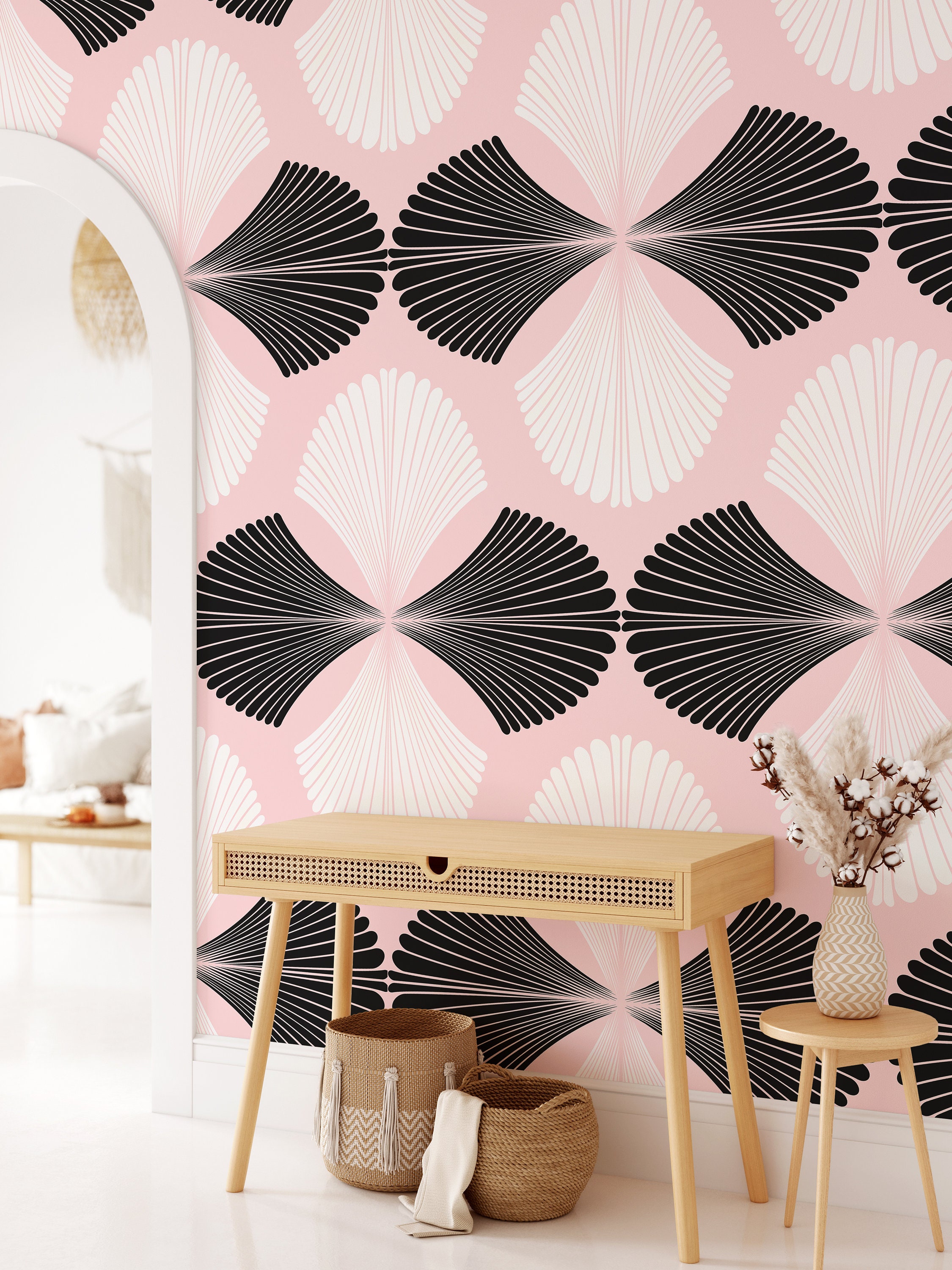 Pink and White Folding Fan Art Deco Wallpaper, Geometric Pattern Mid