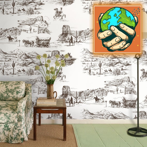 Western Wallpaper in Retro Comics Style, Desert Wall Decor with Vintage Cowboy and Horses