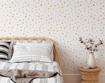 Gold Stars Wallpaper for Baby Nursery with White Background, Monochrome Star Celestial pattern Wall Art