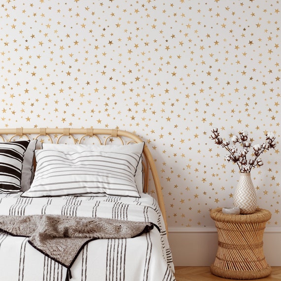 Gold Stars Wallpaper for Baby Nursery with White Background, Monochrome Star Celestial pattern Wall Art