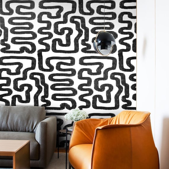 Abstract Painting Modern Wallpaper, Black and White Labyrinth Pattern for Modern Home Decor