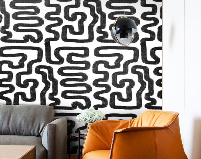 Abstract Painting Modern Wallpaper, Black and White Labyrinth Pattern for Modern Home Decor