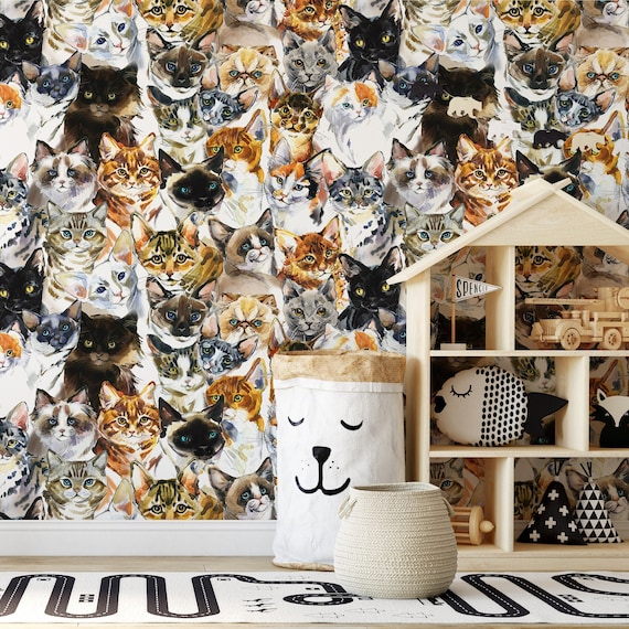 Watercolor Cats Wallpaper for Blush Kids Room, Cat Wall Decor Nursery Art for Accent Wall