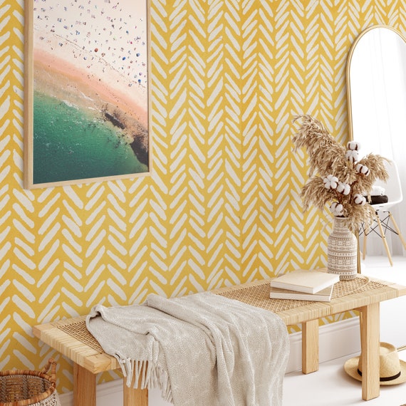 Yellow Herringbone Pastel Wallpaper, Minimalist Simple Chevron Wall Decor, Soft Yellow Modern Wall Papering