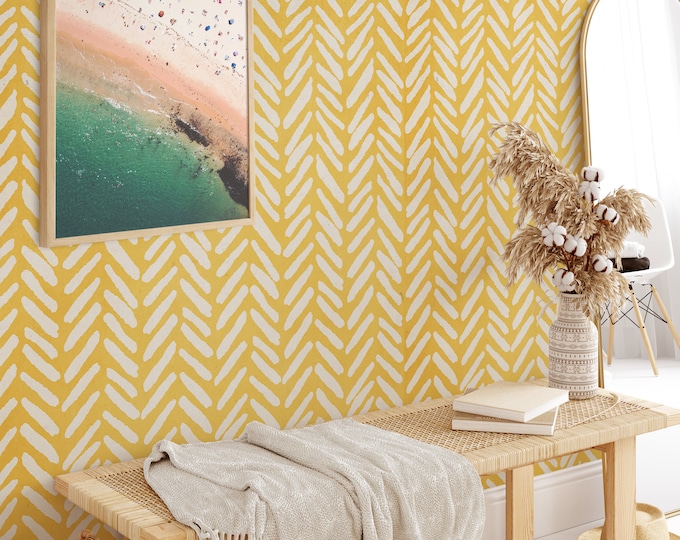 Yellow Herringbone Pastel Wallpaper, Minimalist Simple Chevron Wall Decor, Soft Yellow Modern Wall Papering